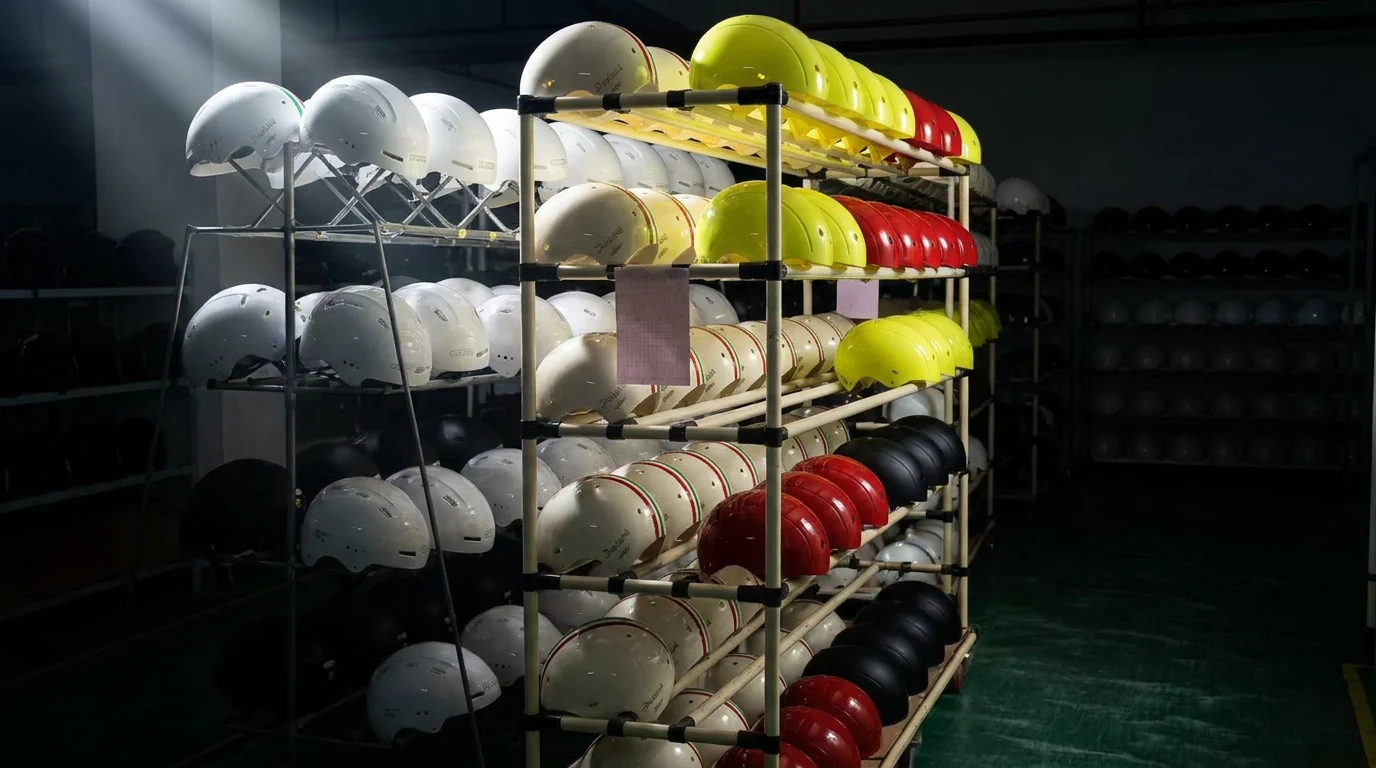 A colourful range of SOXON helmets staged together at the workshop