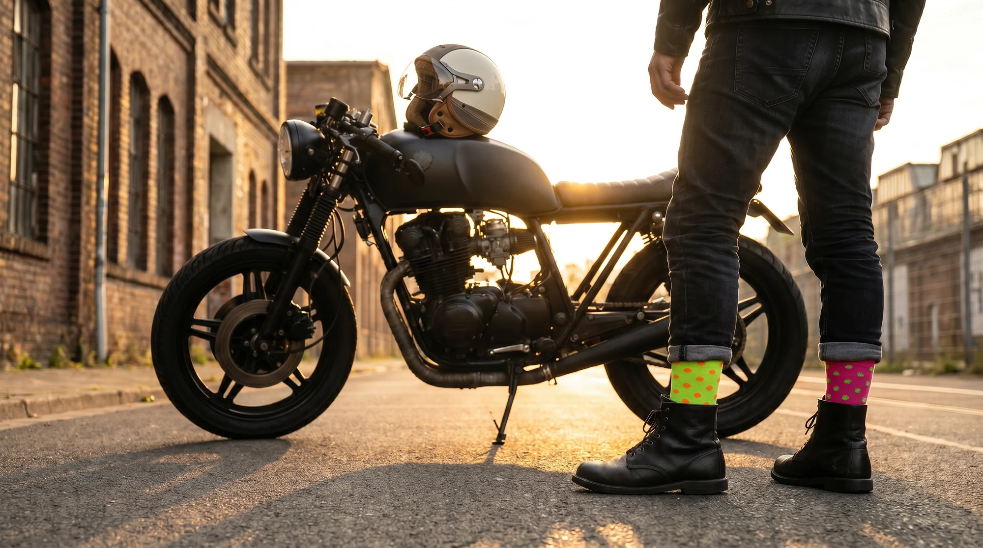 SOXON SP-325 on a motorcycle in the city, beside a rider in colourful socks