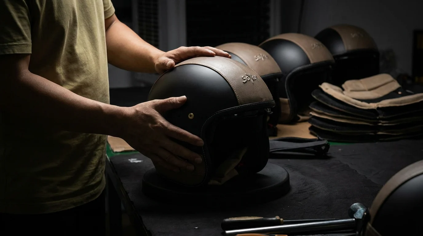 Hands working on a SOXON helmet at an assembly bench